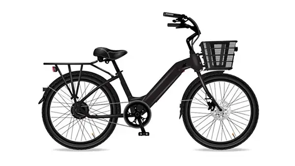 Black Model E electric bike - front basket fenders rear rack