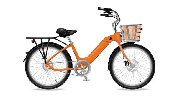 Orange Model E electric bike - front basket